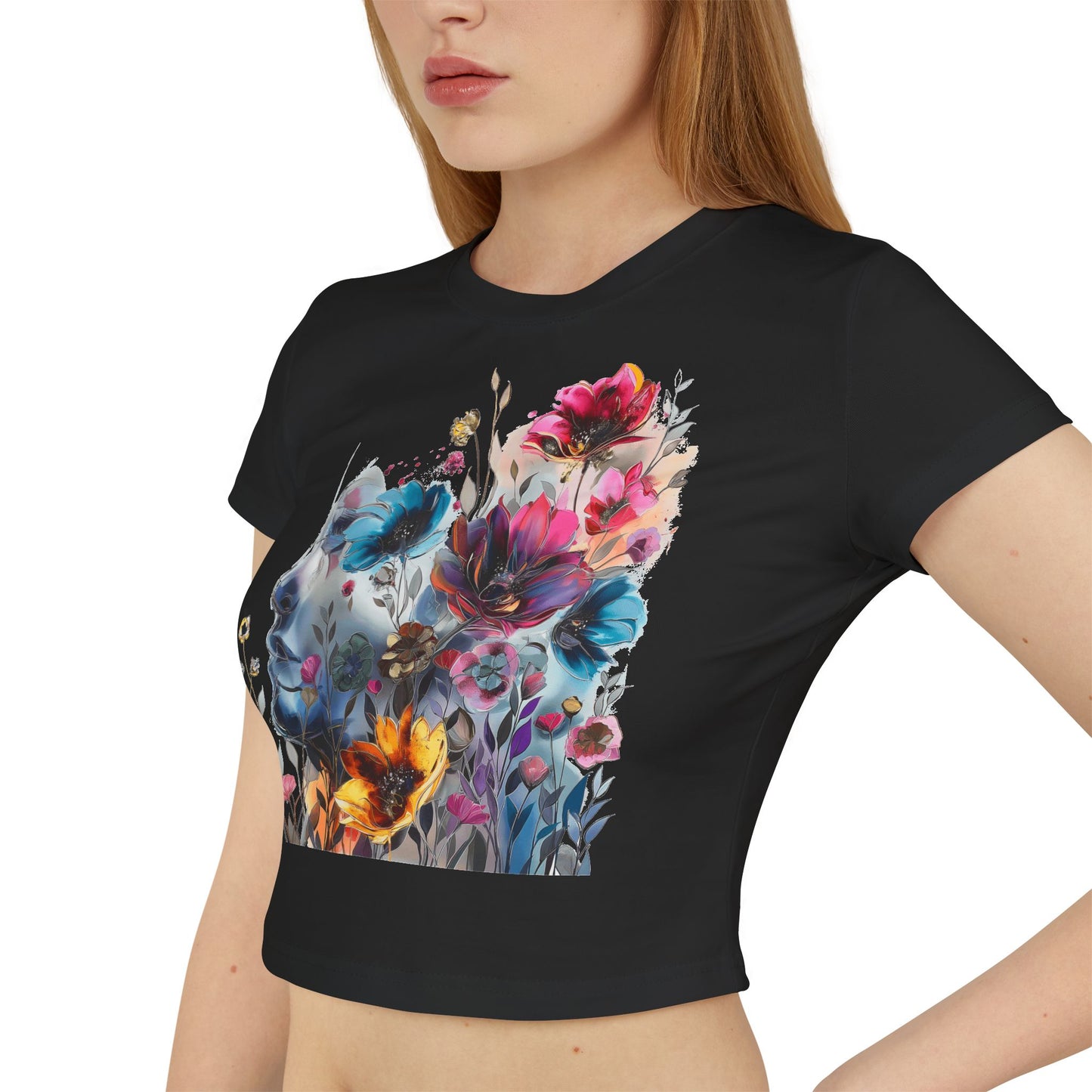 Floral Dreamscape Women Baby Tee - Artistic Short-Sleeve Top for Nature Lovers