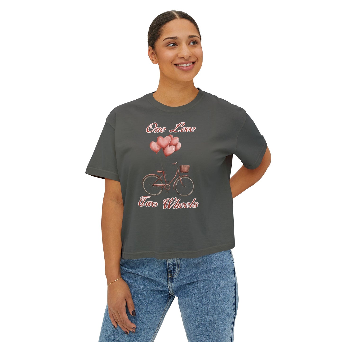 Vintage Bike Boxy Tee - Valentine's Day Women's Boxy Tee with Heart Balloons Graphic