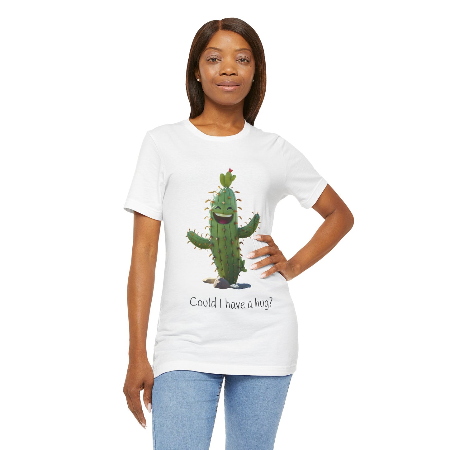 Light Colorful Smiling Cactus Plant T-shirt - 'Could I Have a Hug?' - Lightweight Fabric Tee