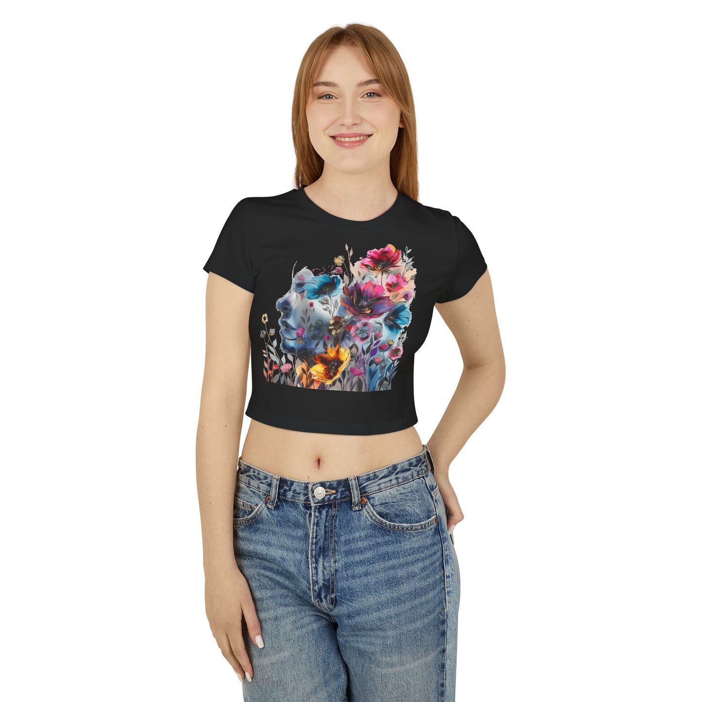 Floral Dreamscape Women Baby Tee - Artistic Short-Sleeve Top for Nature Lovers