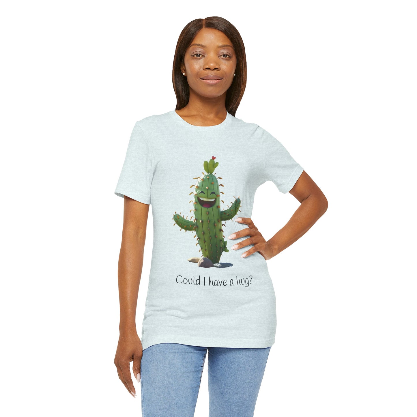 Light Colorful Smiling Cactus Plant T-shirt - 'Could I Have a Hug?' - Lightweight Fabric Tee