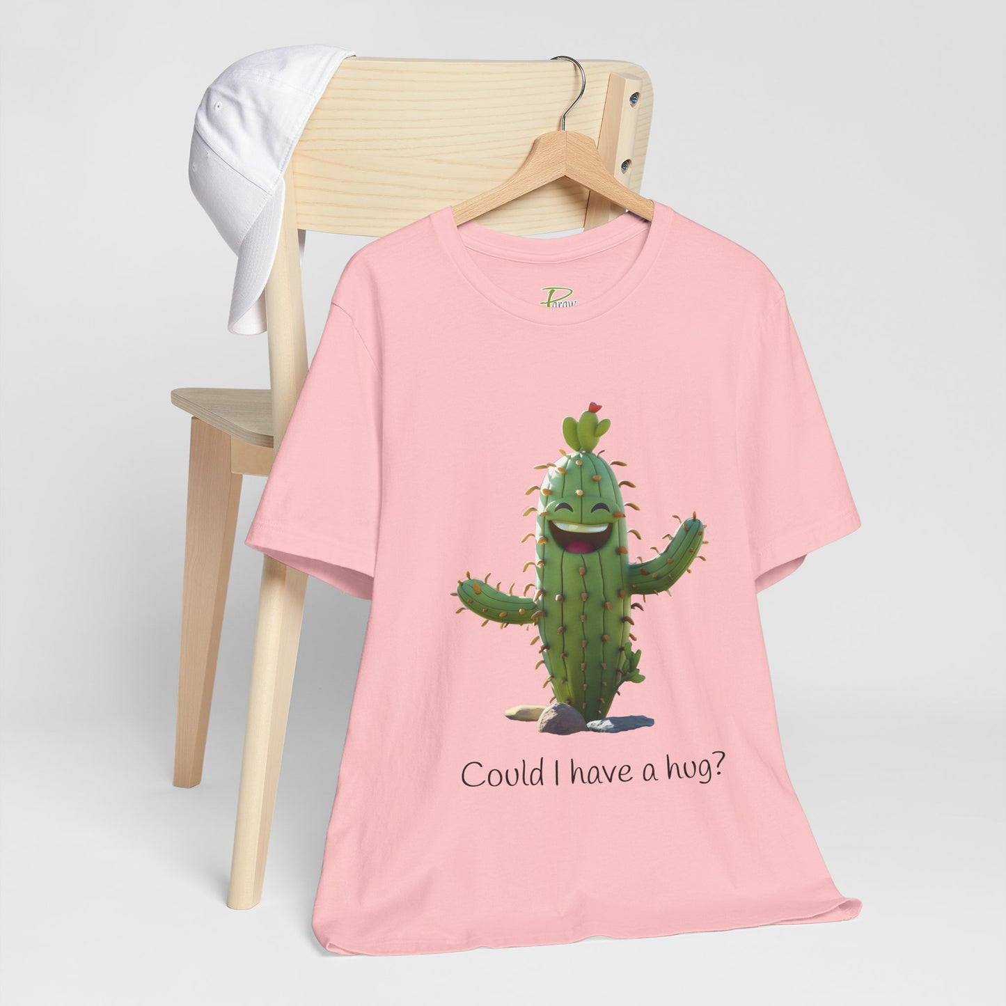 Light Colorful Smiling Cactus Plant T-shirt - 'Could I Have a Hug?' - Lightweight Fabric Tee