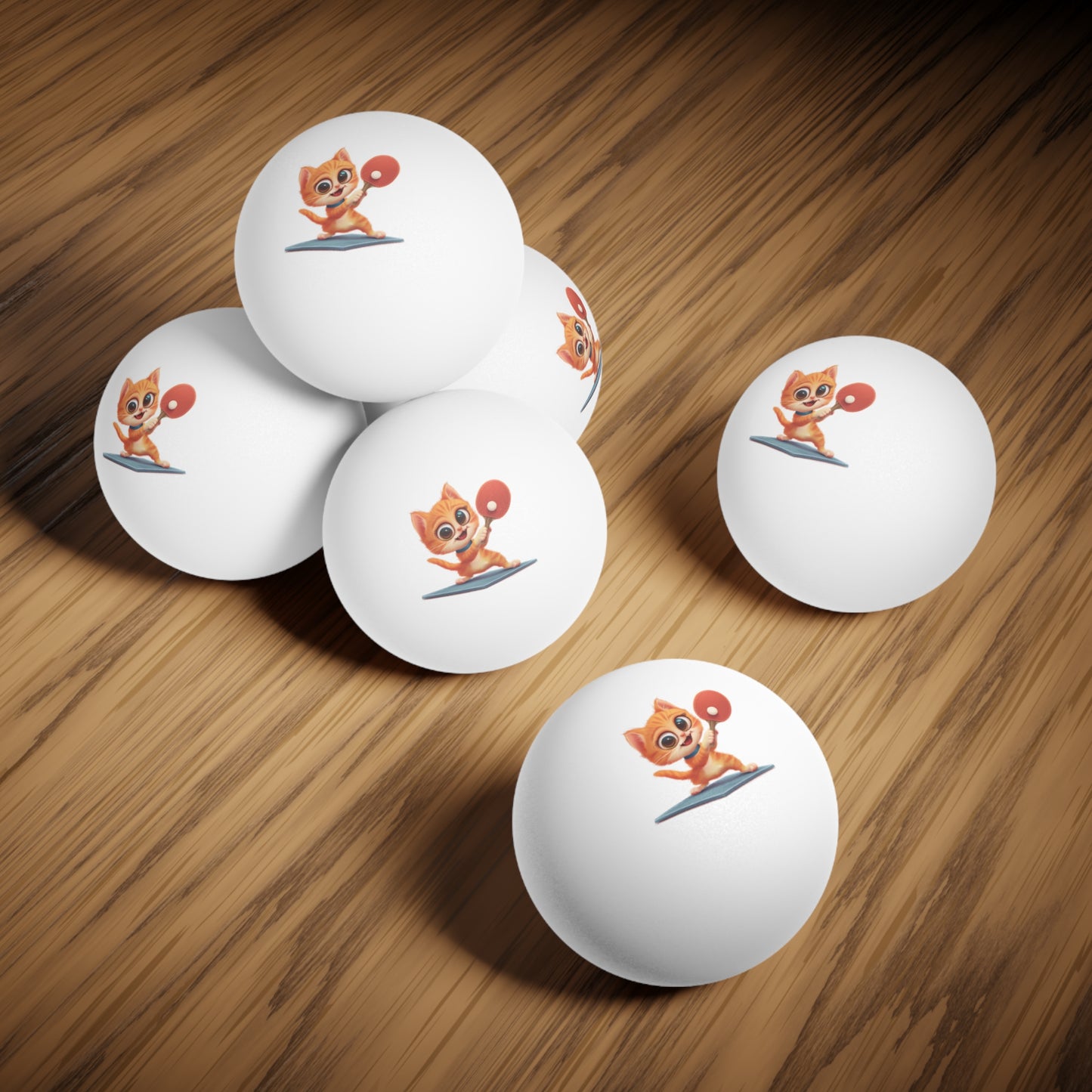 Ping Pong Balls, 6 pcs - Cute Cat Playing Ping Pong Design Balls