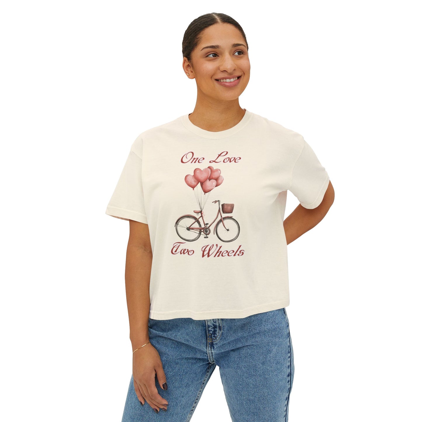 Vintage Bike Boxy Tee - Valentine's Day Women's Boxy Tee with Heart Balloons Graphic