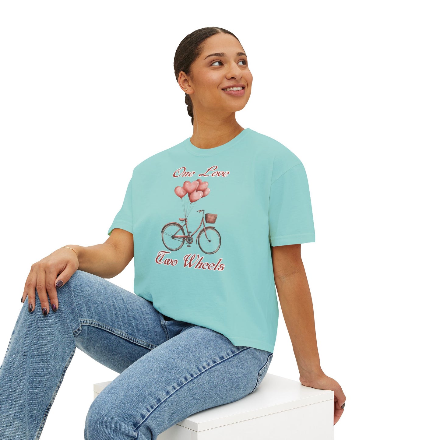 Vintage Bike Boxy Tee - Valentine's Day Women's Boxy Tee with Heart Balloons Graphic