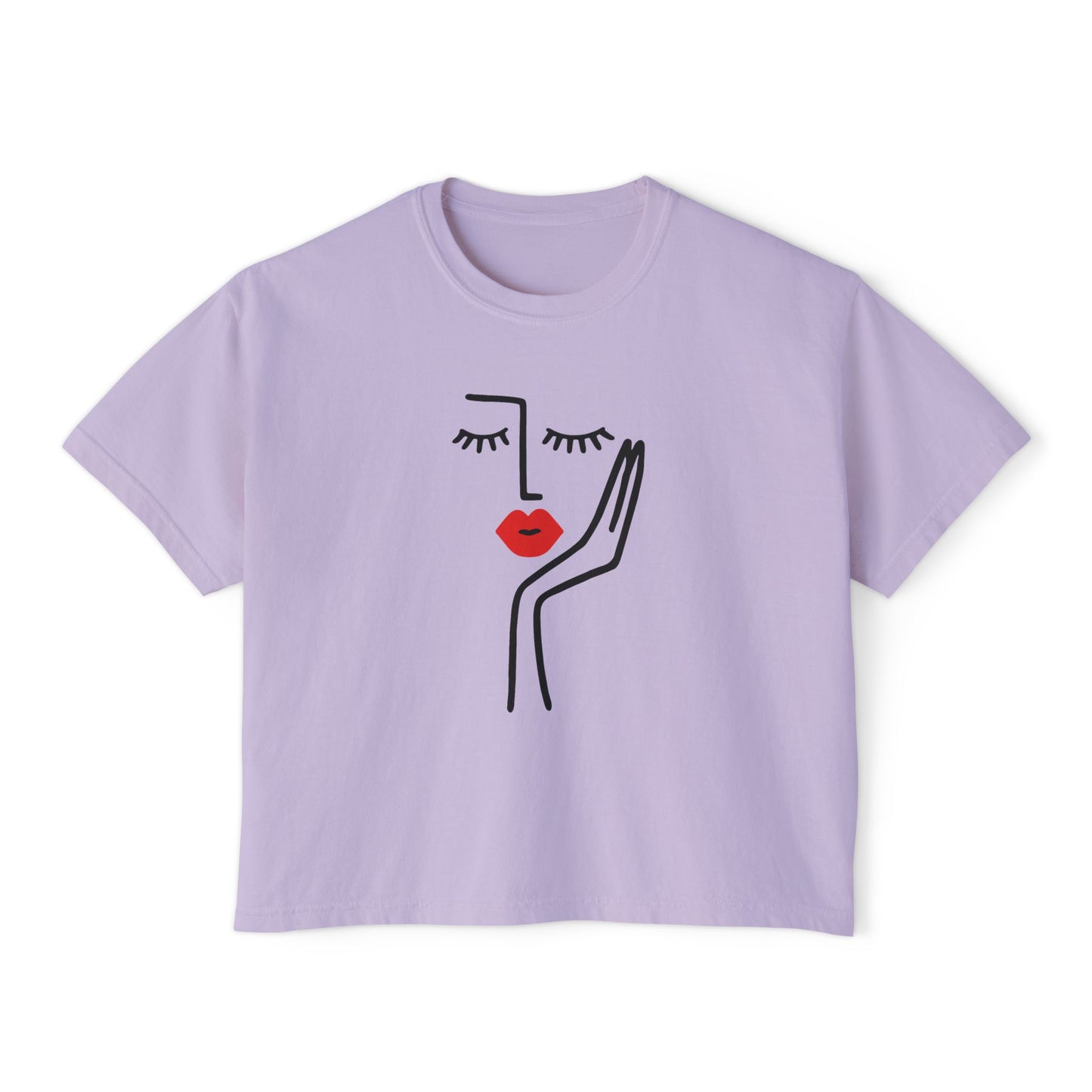 Women's Boxy Tee with Abstract Face Design - Casual Summer Top, Graphic Tee, Artsy Shirt, Gift for Her, Fashion Statement