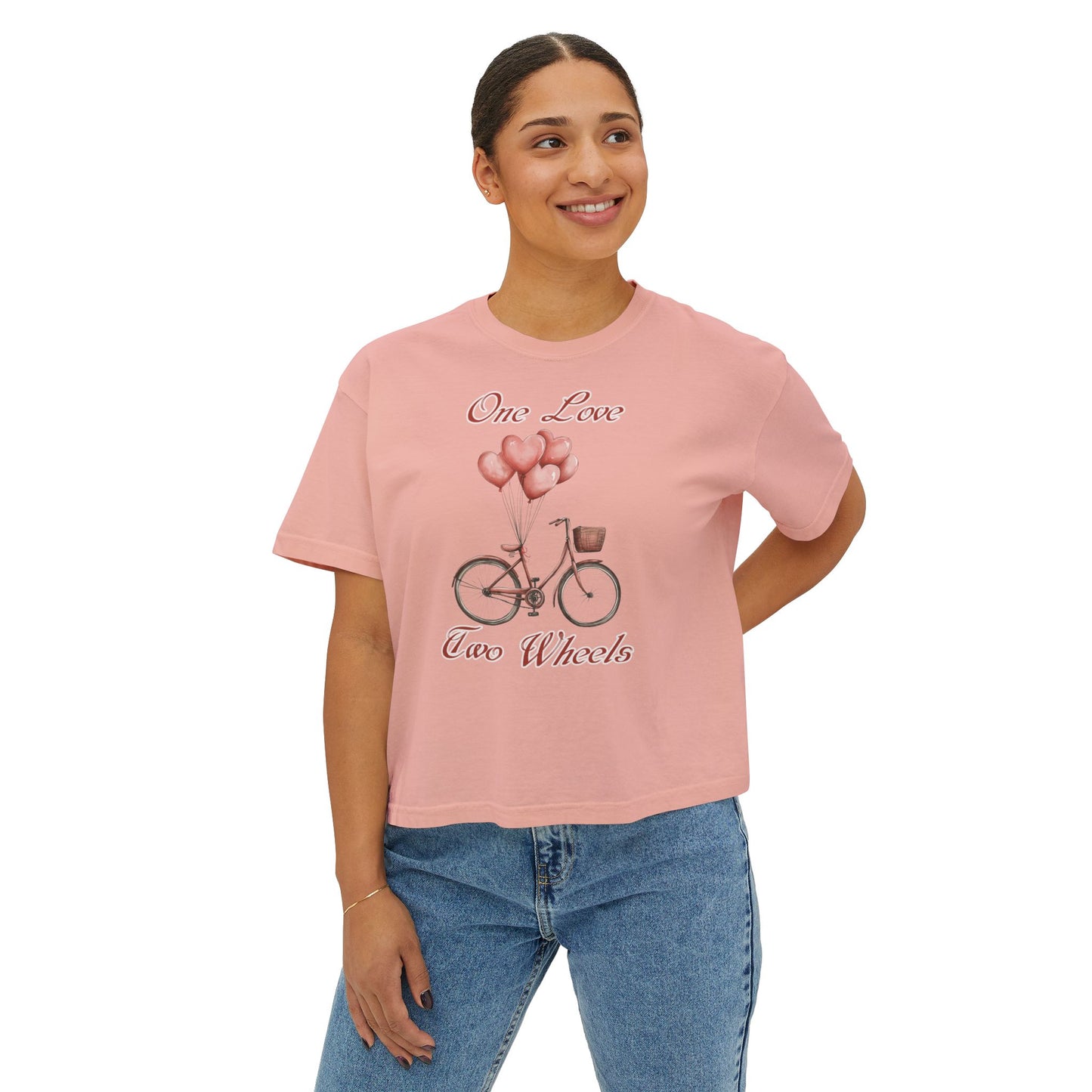Vintage Bike Boxy Tee - Valentine's Day Women's Boxy Tee with Heart Balloons Graphic