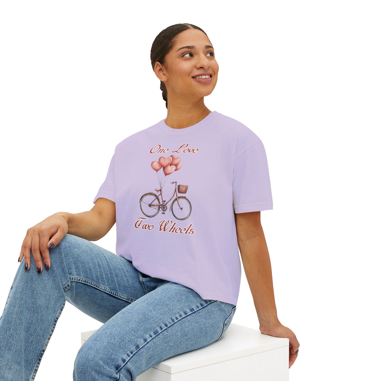 Vintage Bike Boxy Tee - Valentine's Day Women's Boxy Tee with Heart Balloons Graphic