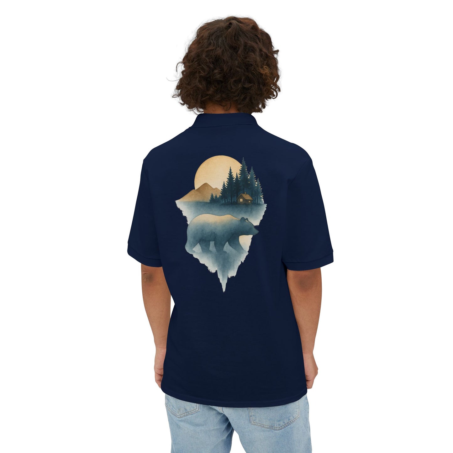 Men's Polo with Bear & Landscape Design - Casual Outdoor Shirt
