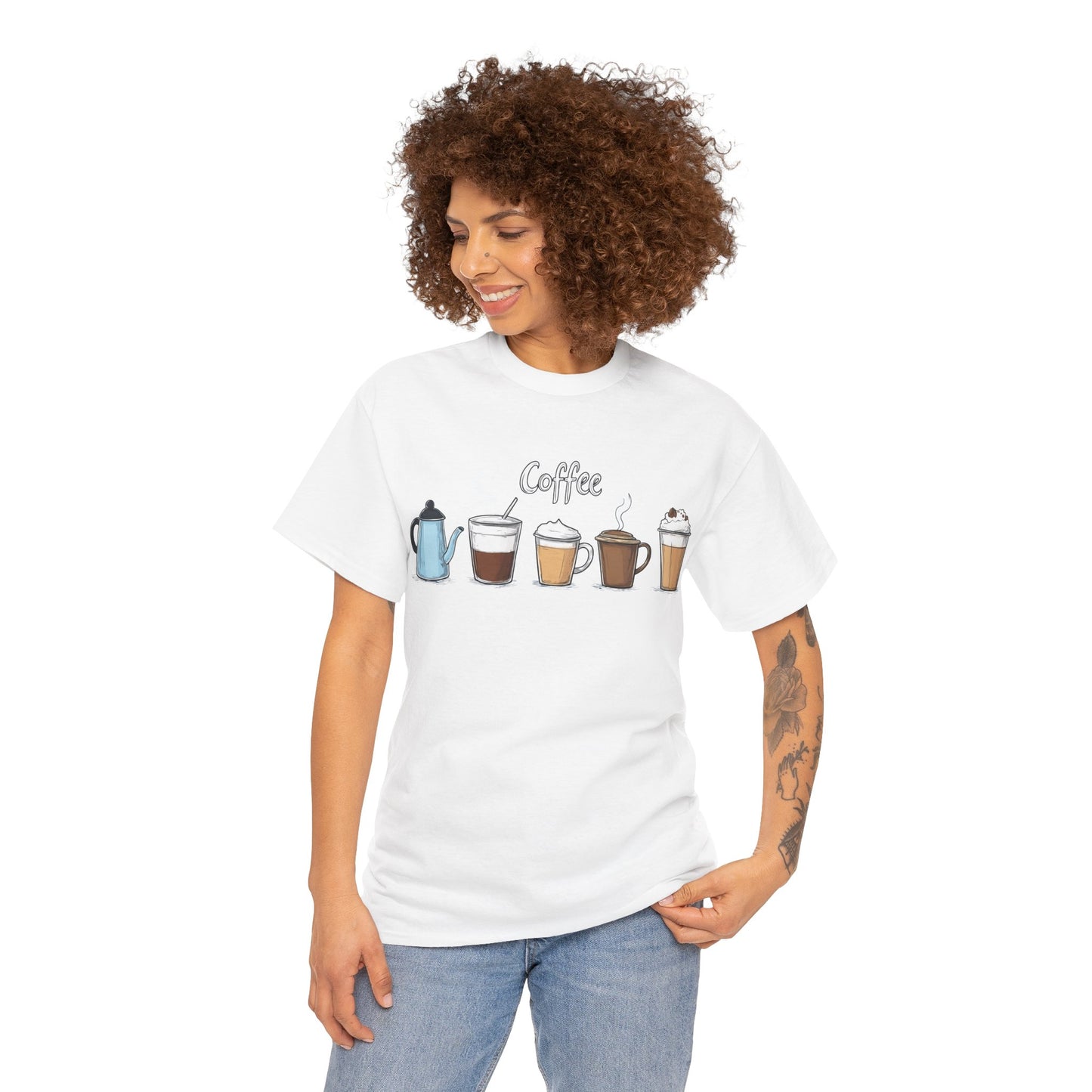 Coffee Cup Pattern Unisex Heavy Cotton Tee - Brewed Patterns Unisex Heavy Cotton Tee