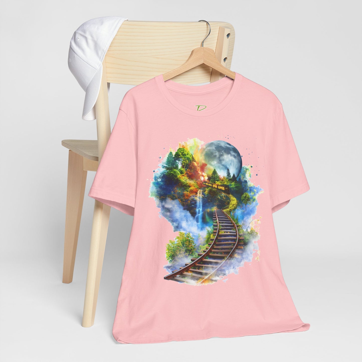 Unisex T-Shirt with 3D Watercolor Train Tracks and Enchanted Forest Design - Lightweight Fabric Tee