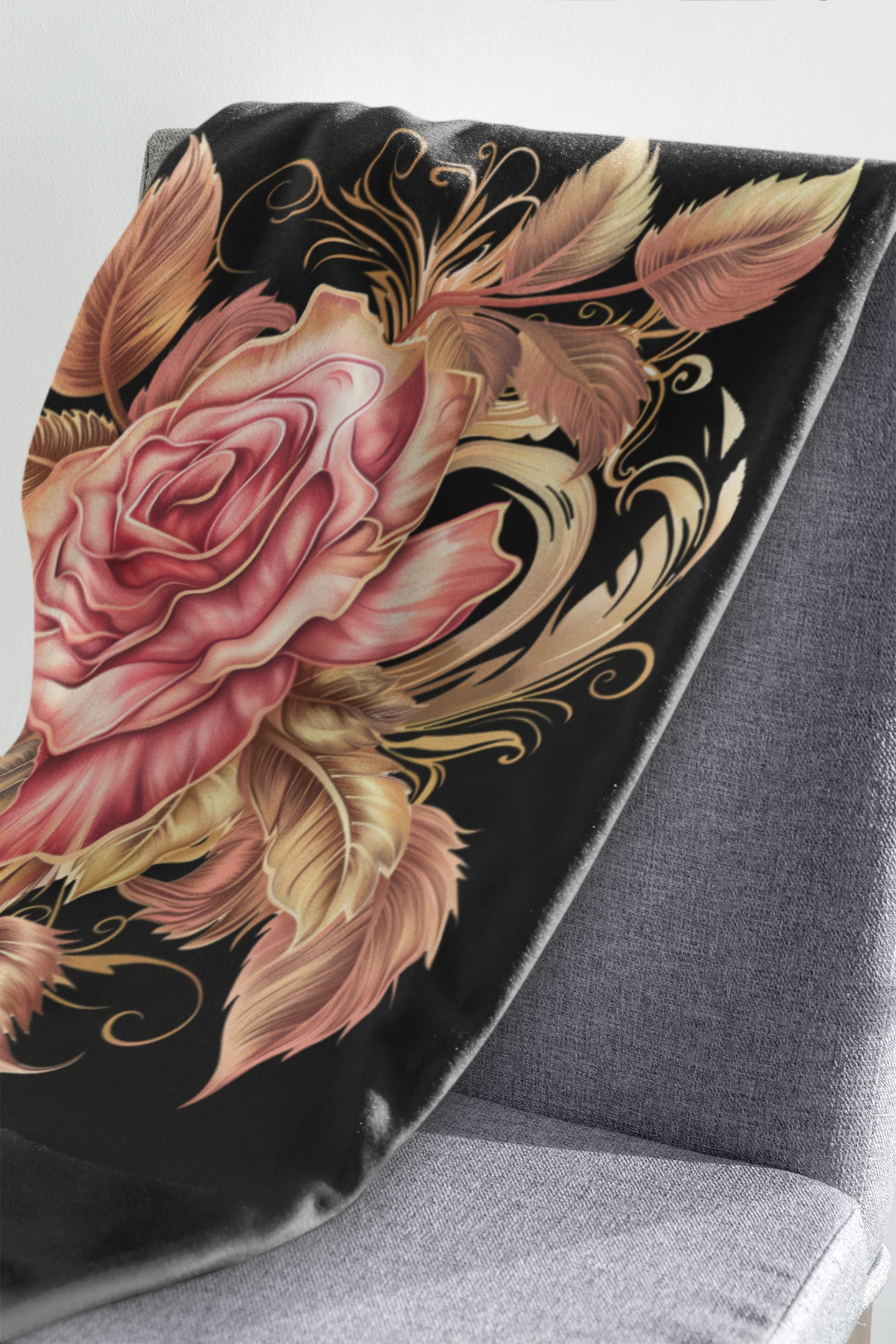 Black Velveteen Plush Blanket with beautiful pink rose surrounded by swirling leaves