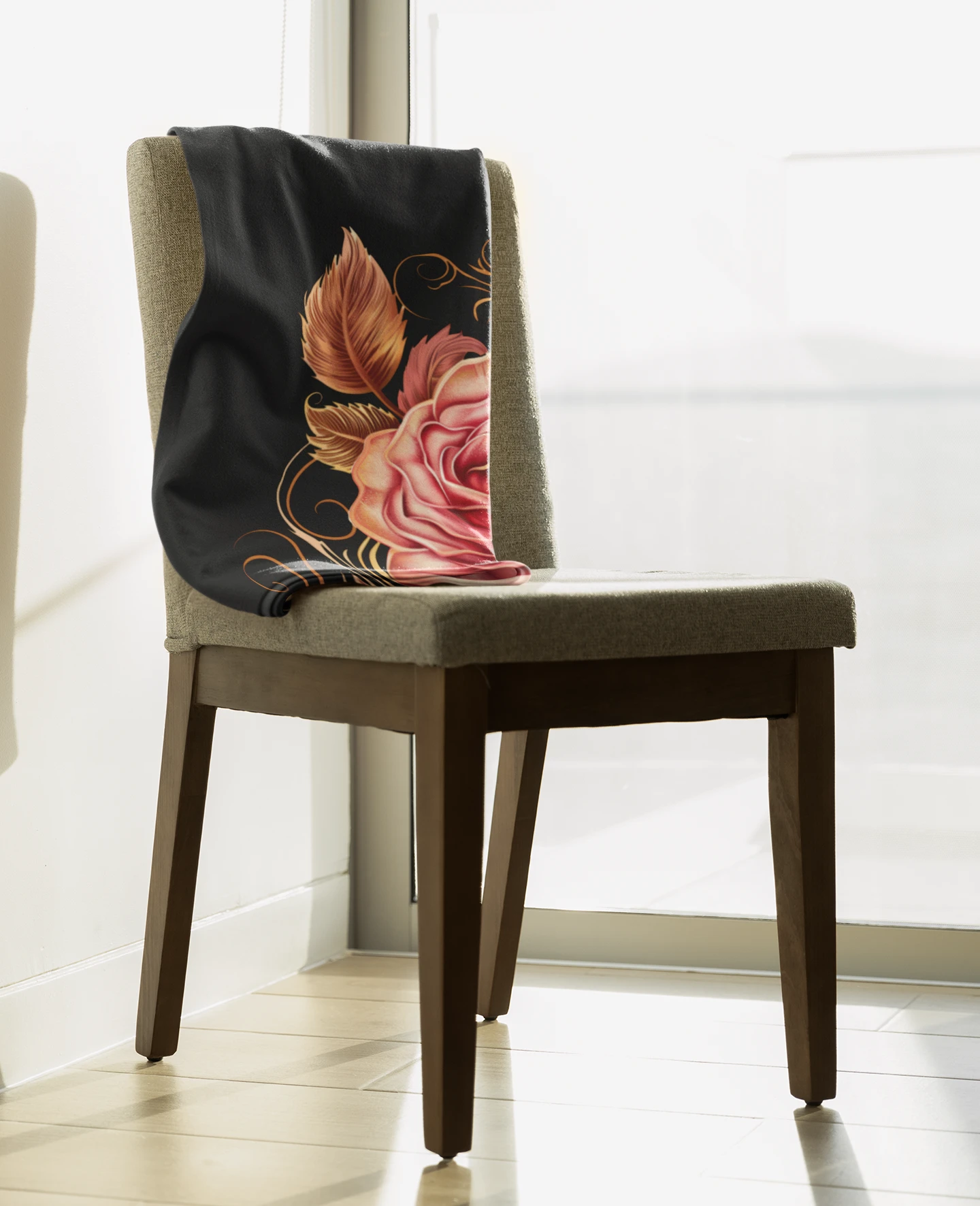 Black Velveteen Plush Blanket with beautiful pink rose surrounded by swirling leaves