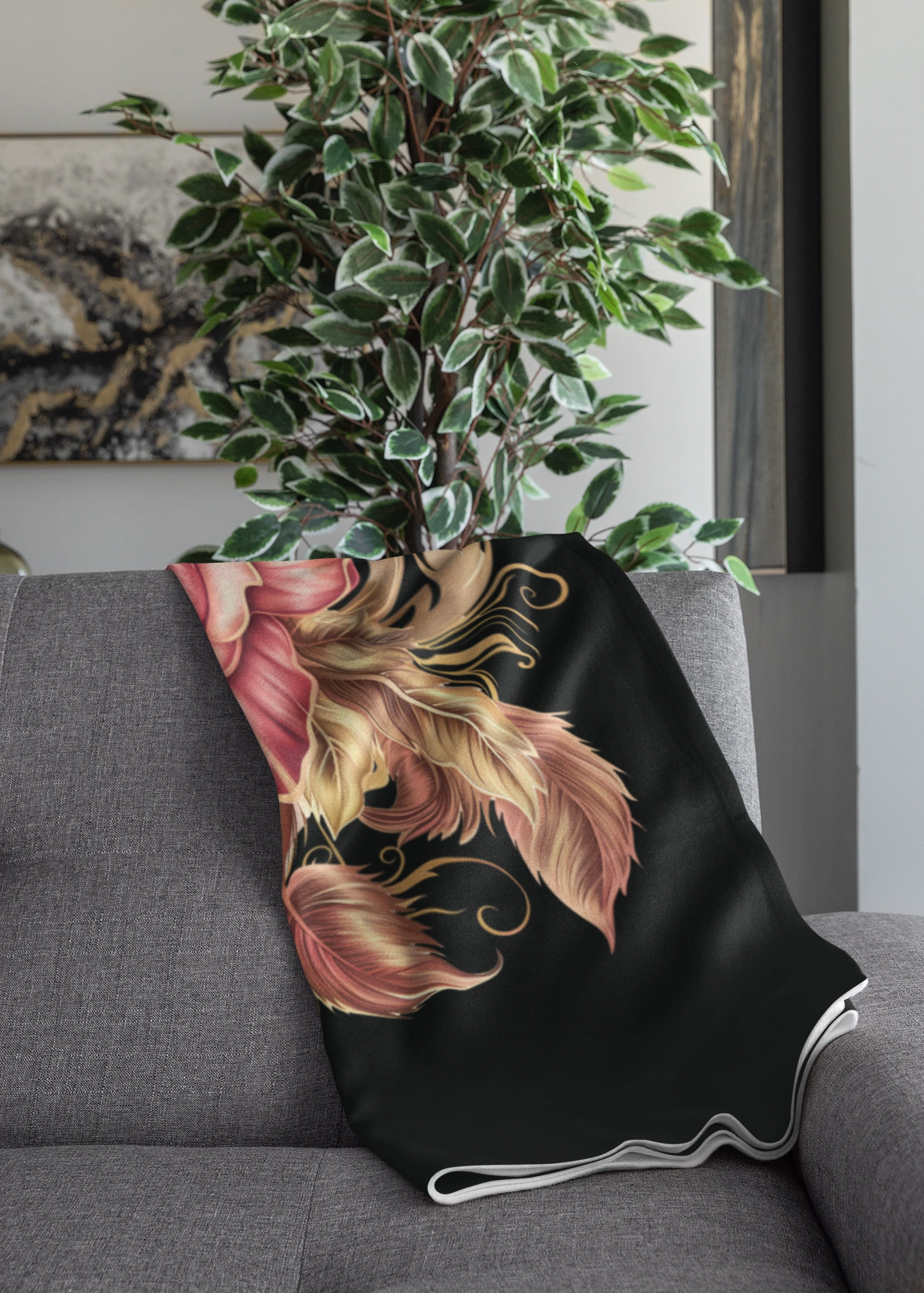Black Velveteen Plush Blanket with beautiful pink rose surrounded by swirling leaves