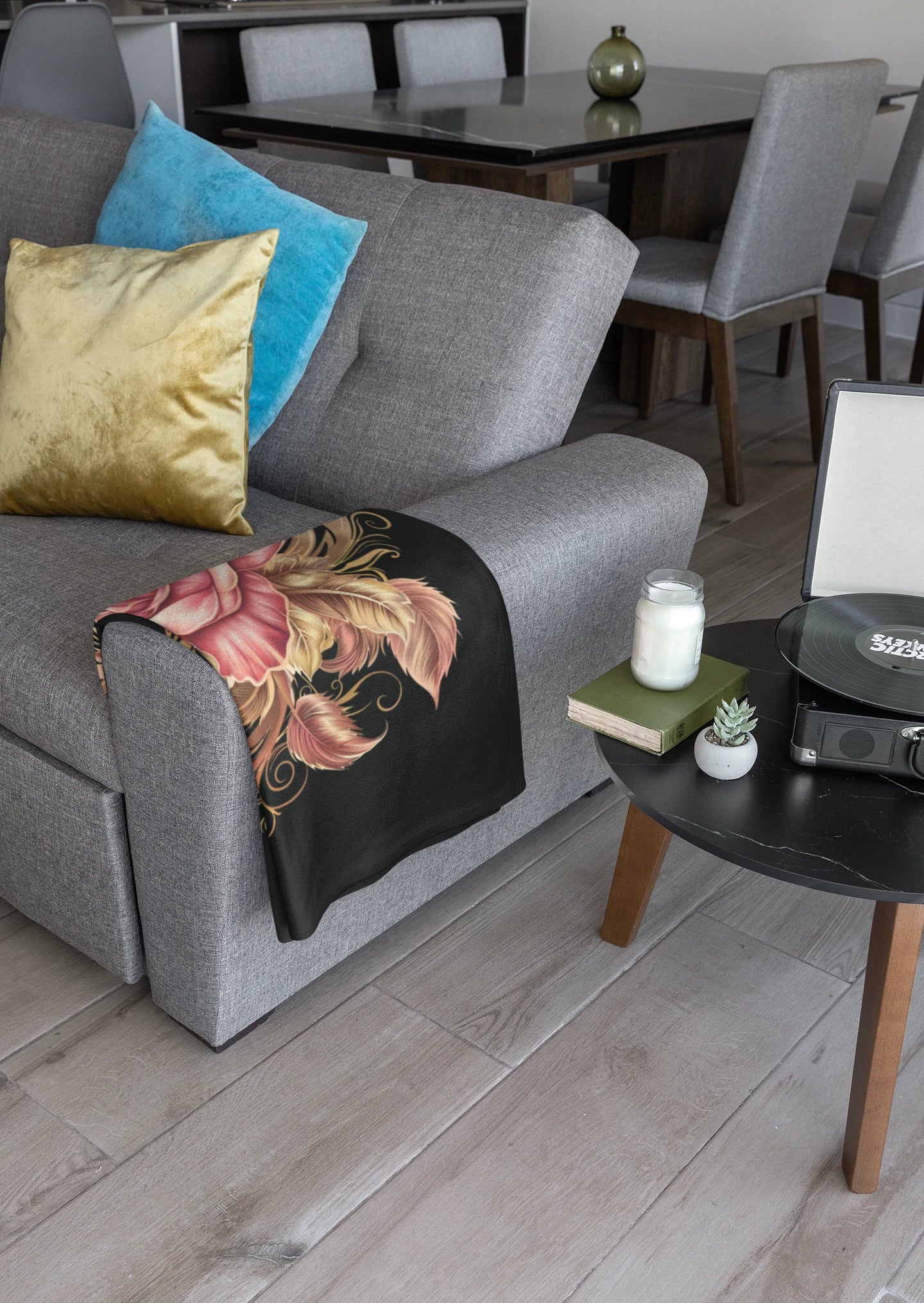 Black Velveteen Plush Blanket with beautiful pink rose surrounded by swirling leaves