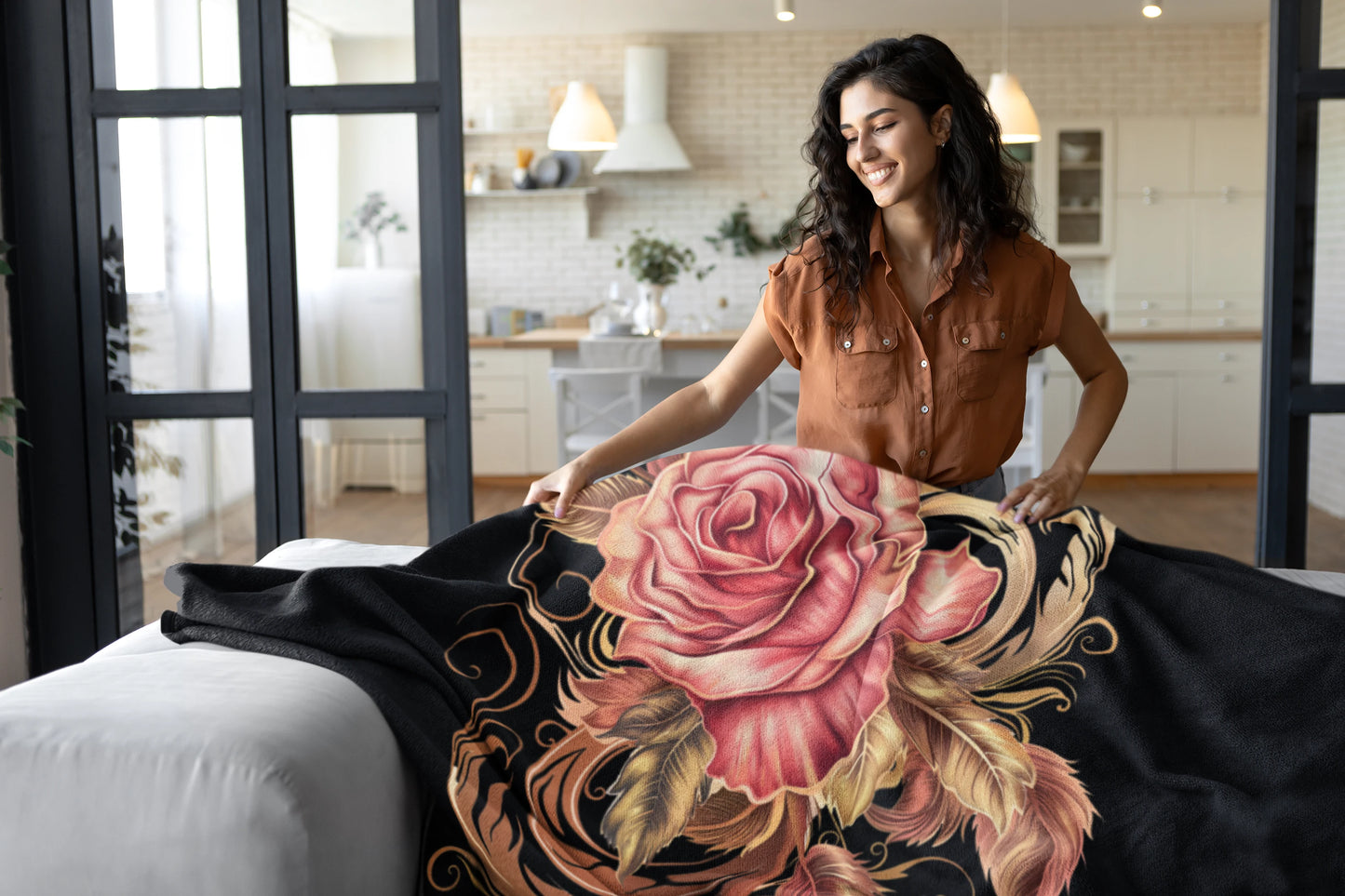 Black Velveteen Plush Blanket with beautiful pink rose surrounded by swirling leaves