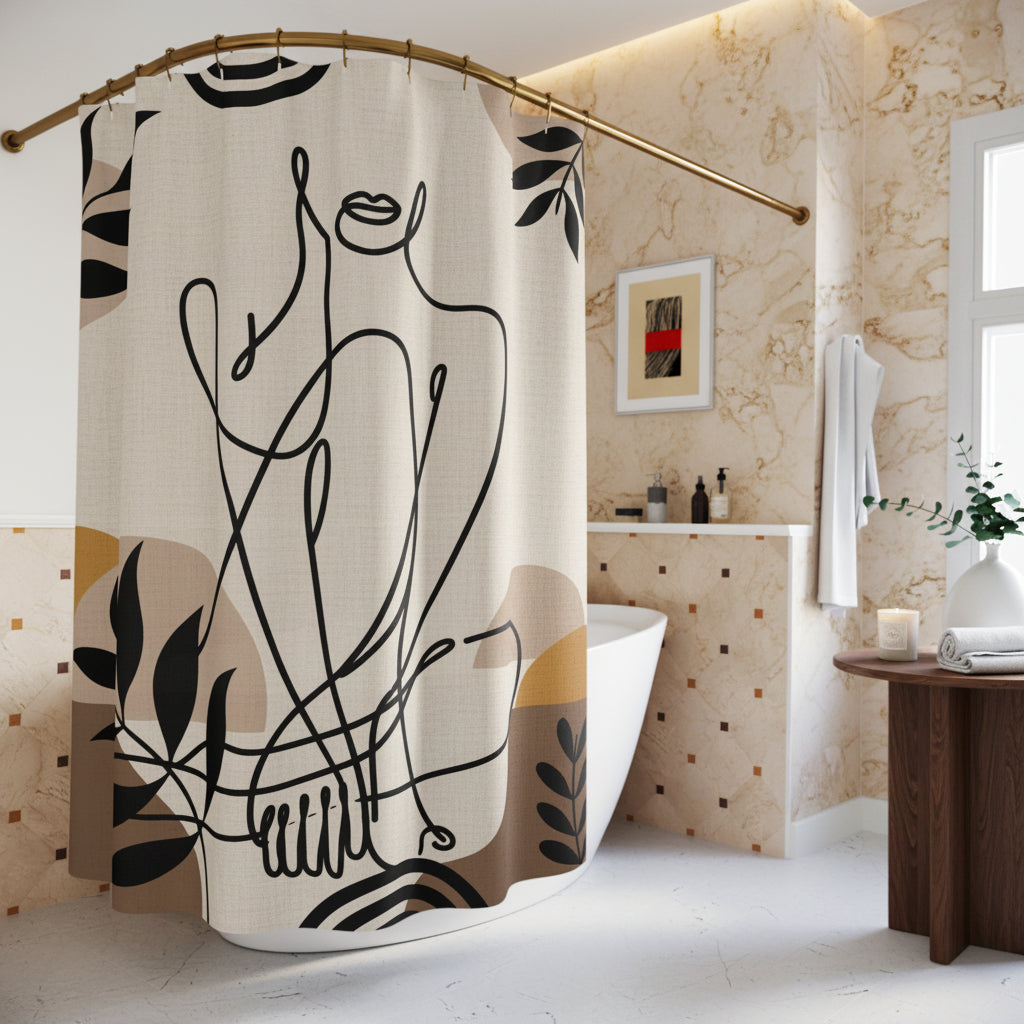 Angled view of a beige shower curtain with black seated-woman artwork hanging from a curved gold-colored rod.