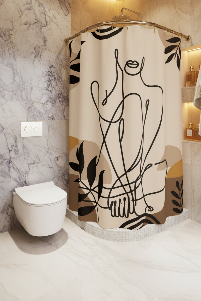 Boho Abstract Line Art Shower Curtain - Beige, 71 × 74 in