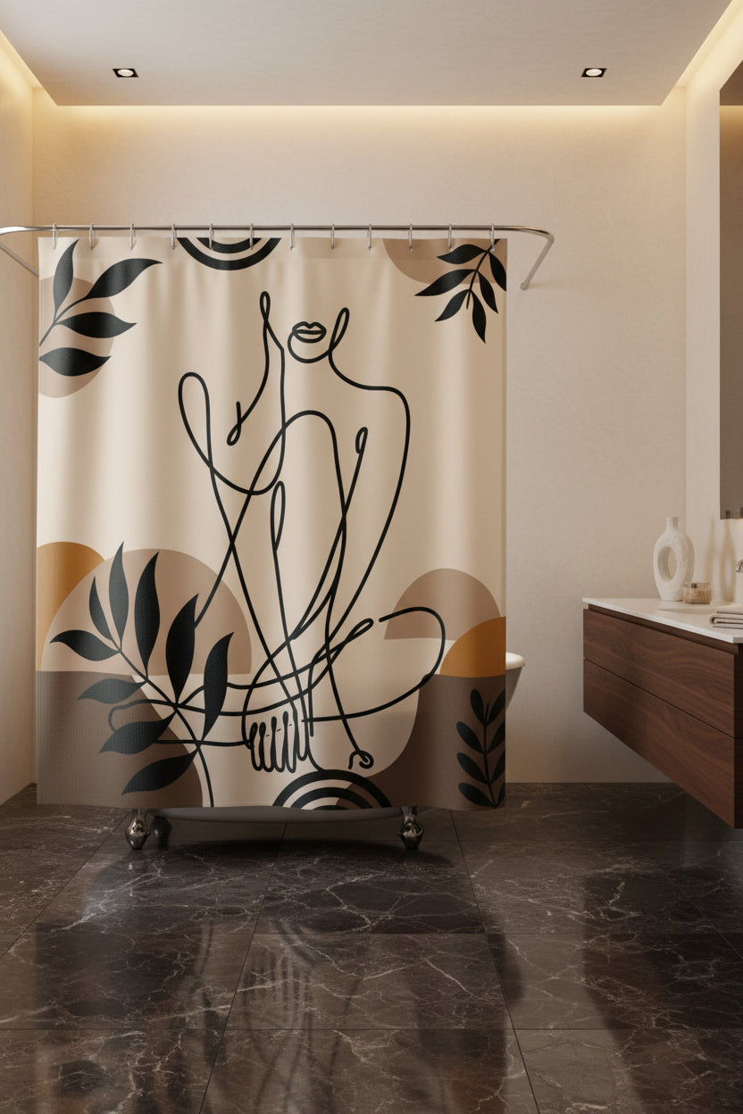 Beige line art shower curtain above a dark marble floor, beside a floating wooden vanity.