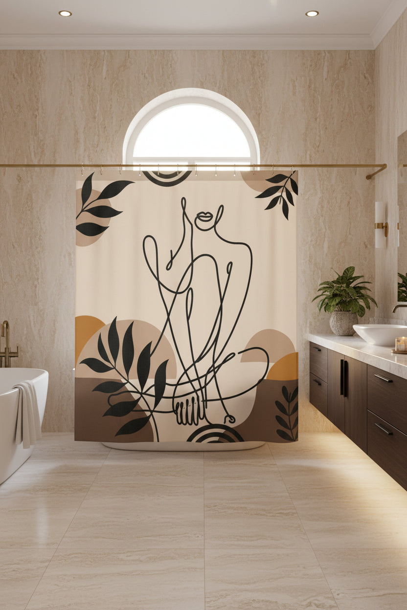 Beige figure and leaf shower curtain in front of an arched window, with a long wooden vanity to the right.