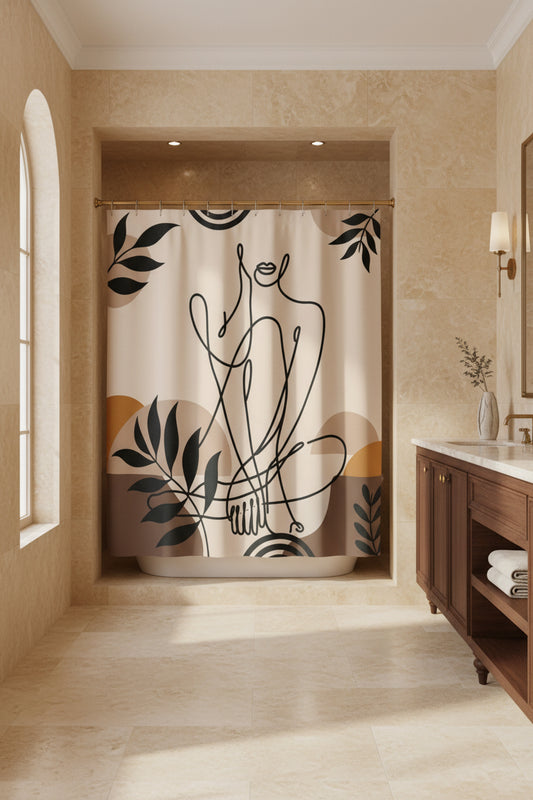 Beige shower curtain with black seated-woman line art and leafy accents in a bathroom with a wooden vanity.