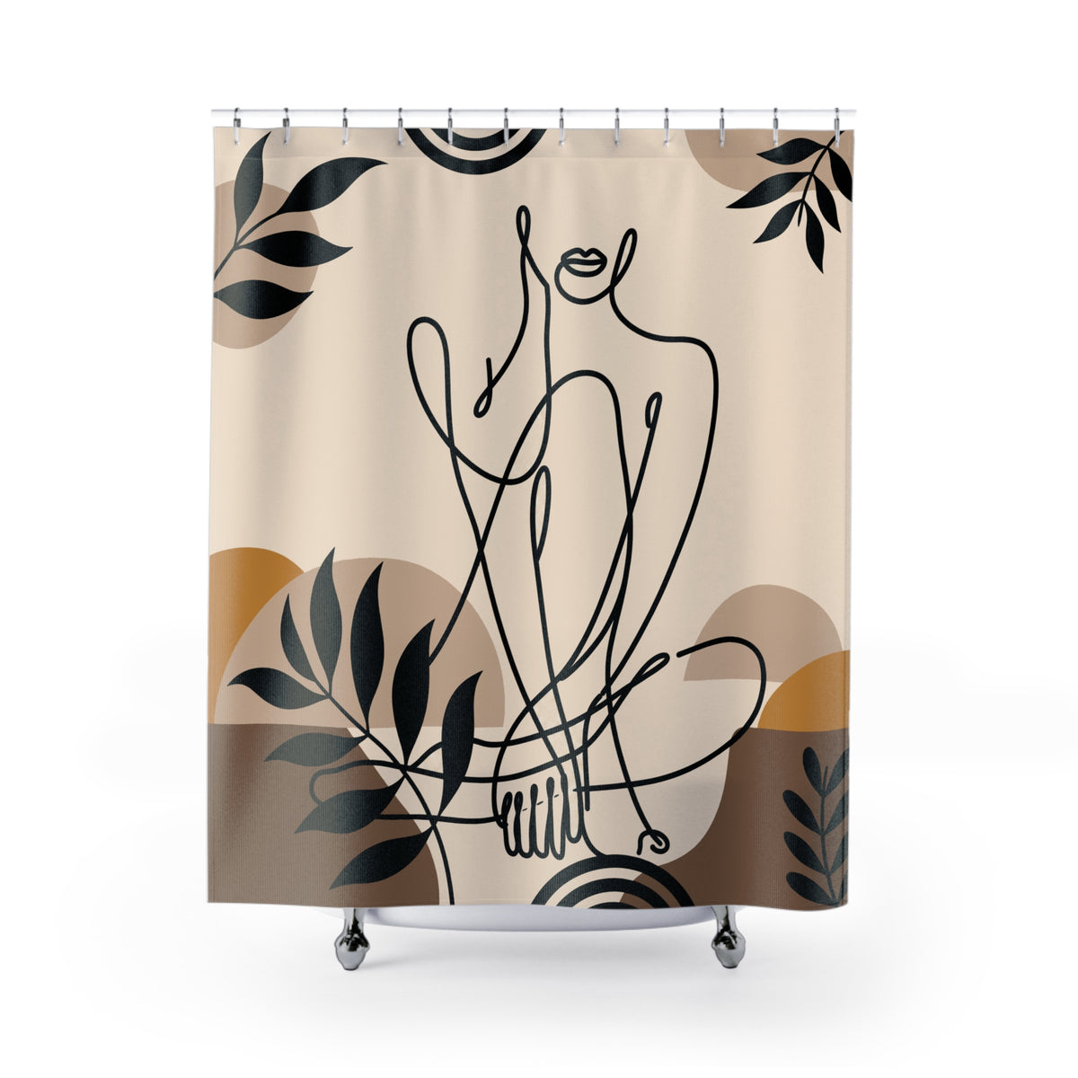 Beige abstract shower curtain with a black seated-woman outline, dark leaves, and brown and ochre shapes.