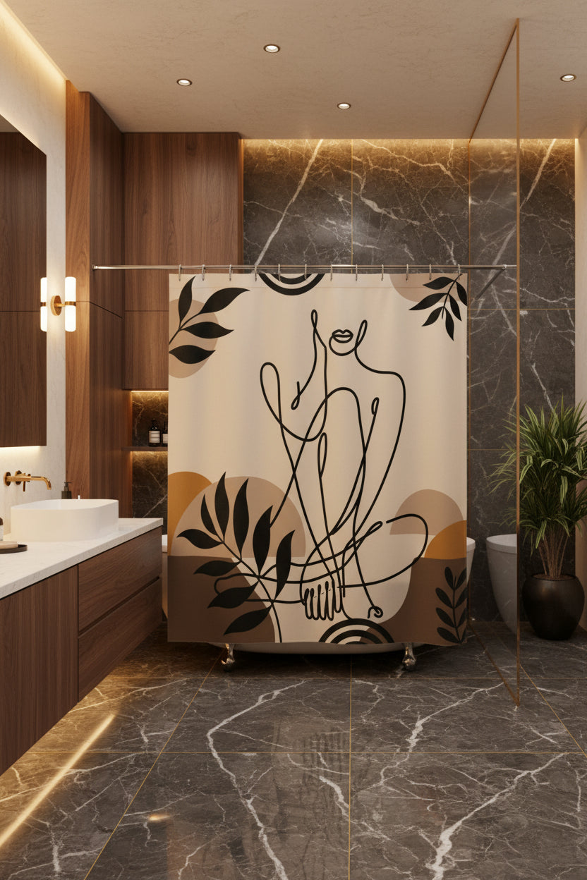 Beige abstract shower curtain with black figure artwork in a bathroom with dark marble and wood-paneled walls.