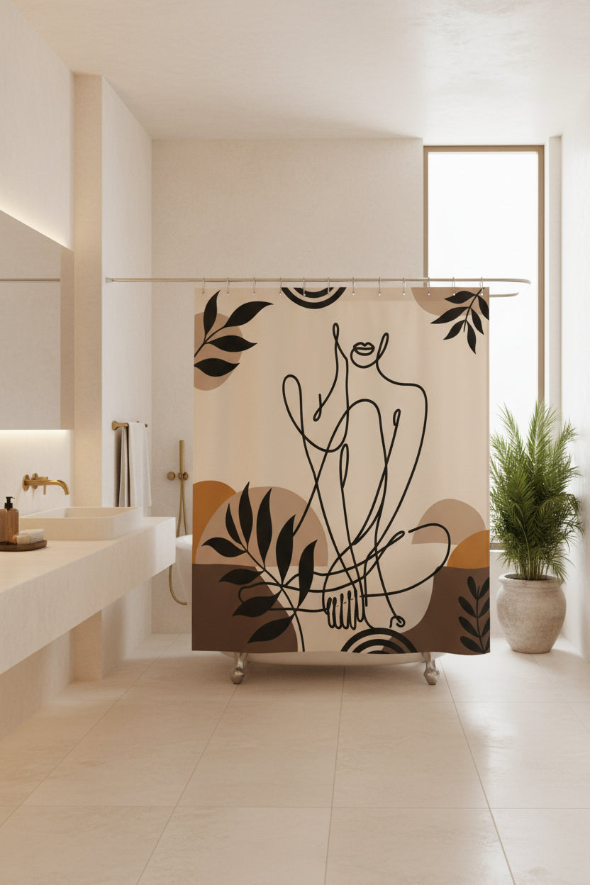 Beige abstract figure shower curtain in a bright neutral bathroom with a tall window and potted plant.
