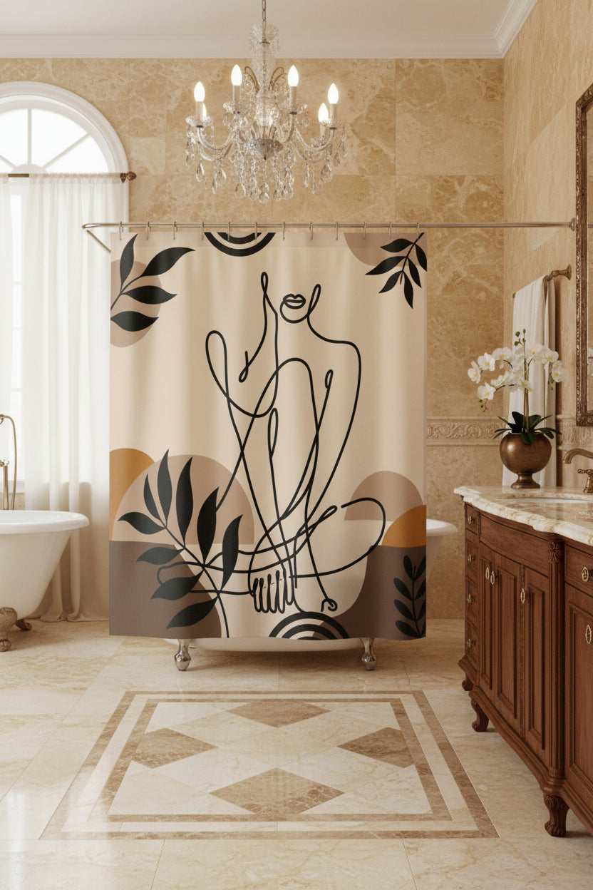 Abstract figure shower curtain in a beige bathroom with a chandelier, wooden vanity, and patterned stone floor.