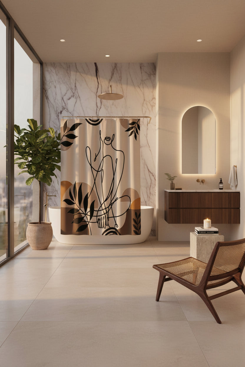 Beige figure shower curtain around a bathtub in a spacious bathroom with a marble wall and woven chair.