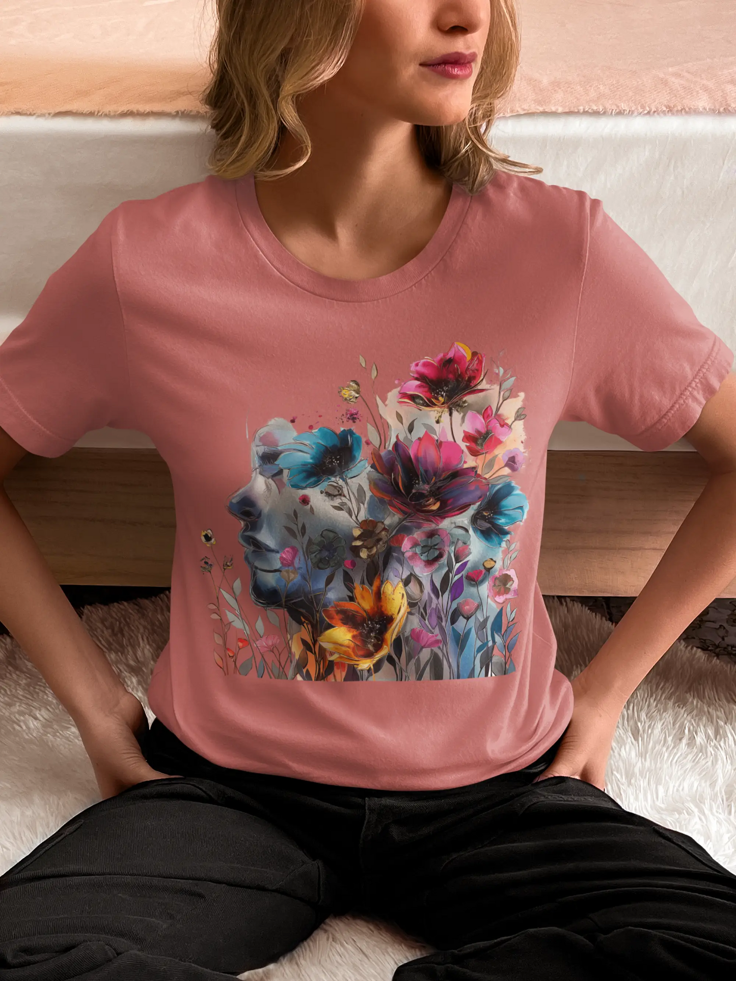 Floral Watercolor T-shirt for Women - Vibrant Artistic Tee - Lightweight Fabric Tee