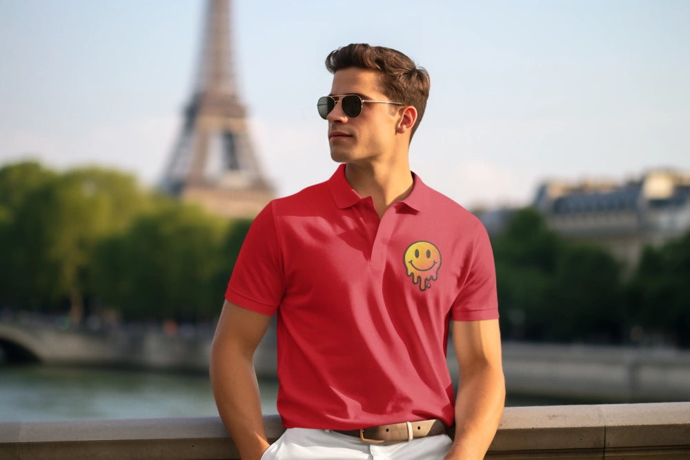 Model wearing smiley face pique polo, styled for casual summer outfit