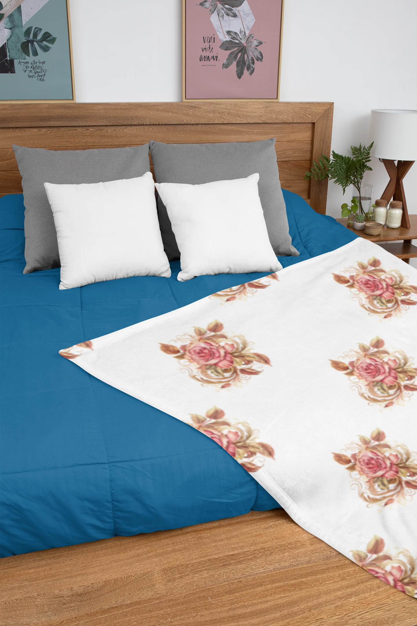 Velveteen Plush Blanket with beautiful grid design of pink roses surrounded by swirling leaves