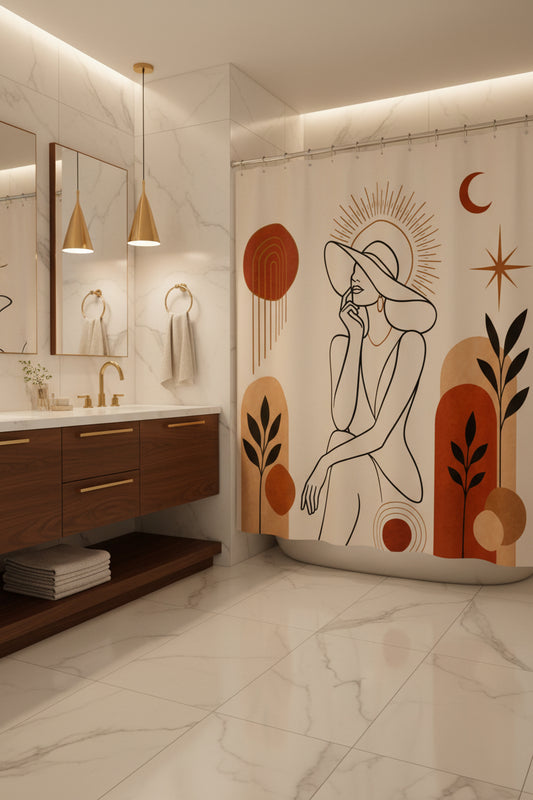 Shower curtain with abstract design featuring a woman, sun, moon, and plants on a beige background.