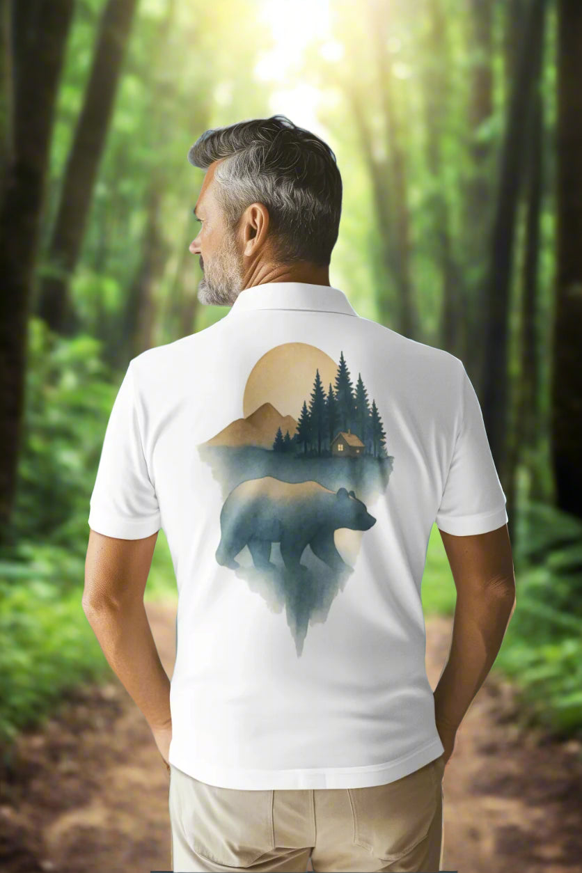Men's Polo with Bear & Landscape Design - Casual Outdoor Shirt