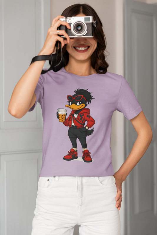 purple t-shirt with a cartoon duck