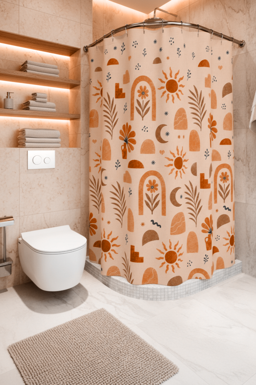 Floral Shower Curtain, Dusty Pink Terracotta Botanical Bath Decor, Modern Earthy Boho Chic Bath Curtain, Vintage Celestial Neutral Gift