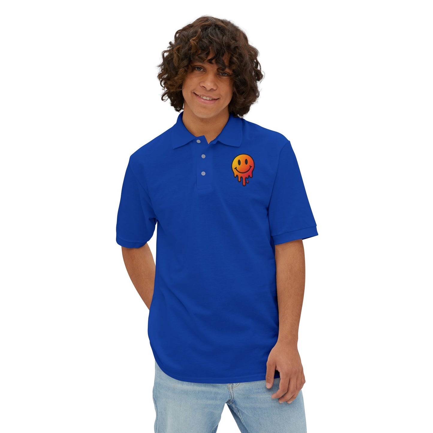 casual men’s outfit with trendy smiley face polo tee