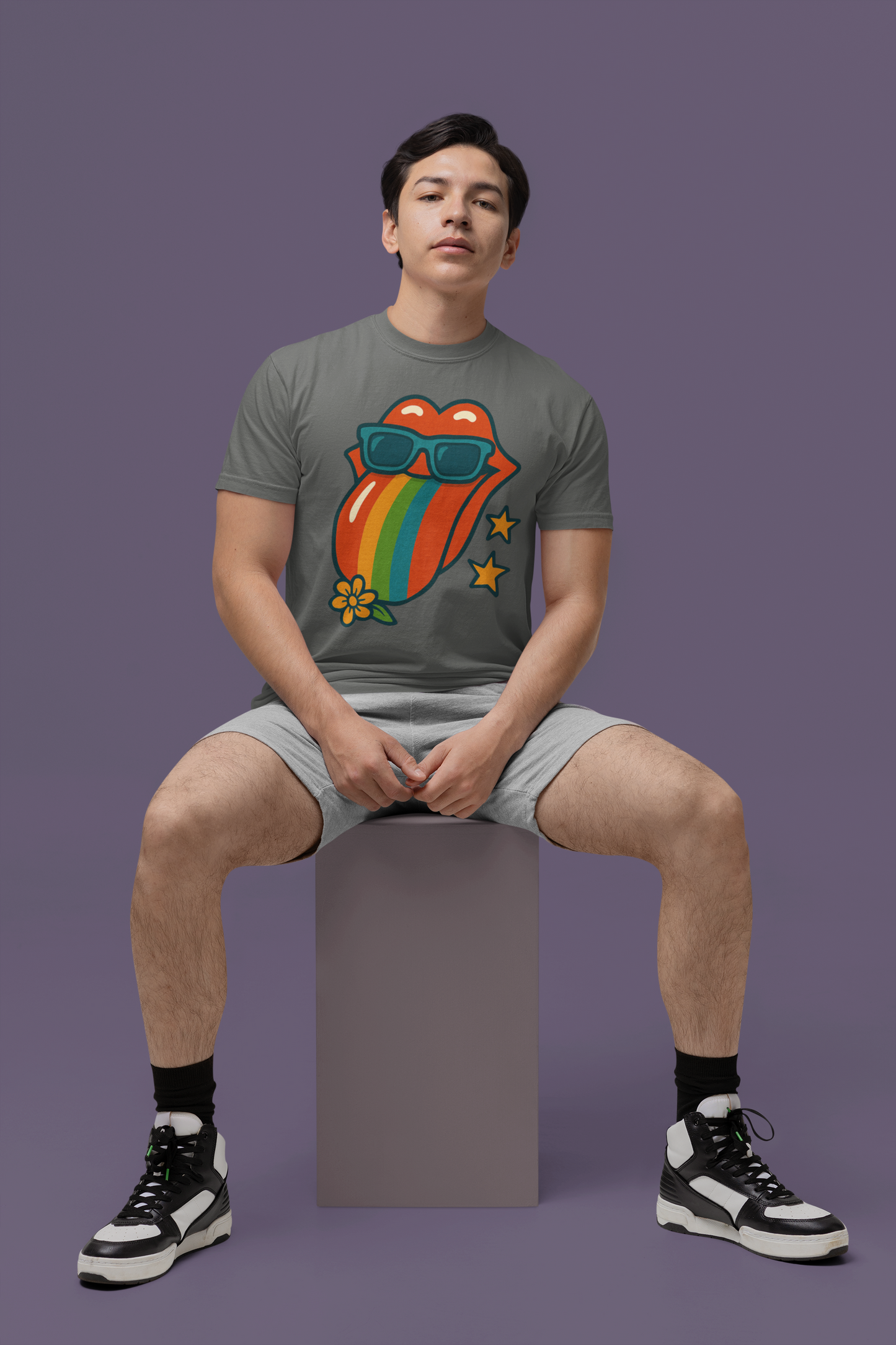 Colorful Retro T-Shirt with Rainbow Tongue Design, Vintage Rock Tee, Unisex Graphic Top, Music Lover Gift, Festival Wear