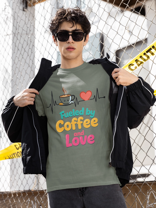 Fueled by Coffee & Love T-Shirt, Cute Coffee Lover Tee, Unisex Graphic Tee, Gift for Coffee Addicts, Casual Everyday Wear