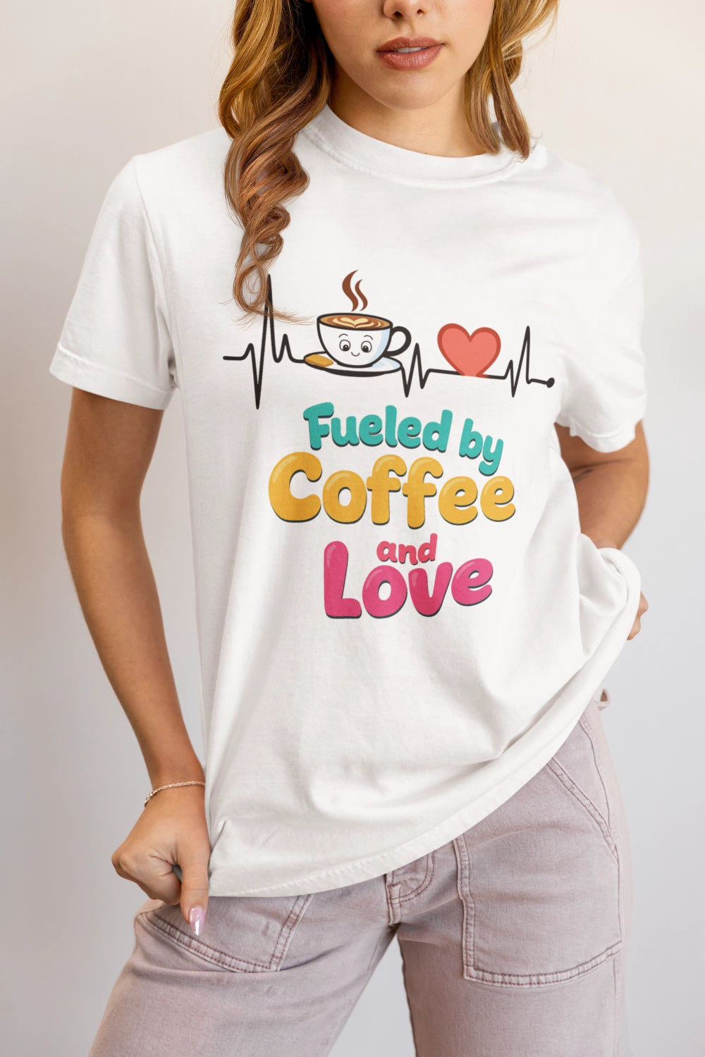 Fueled by Coffee & Love T-Shirt, Cute Coffee Lover Tee, Unisex Graphic Tee, Gift for Coffee Addicts, Casual Everyday Wear