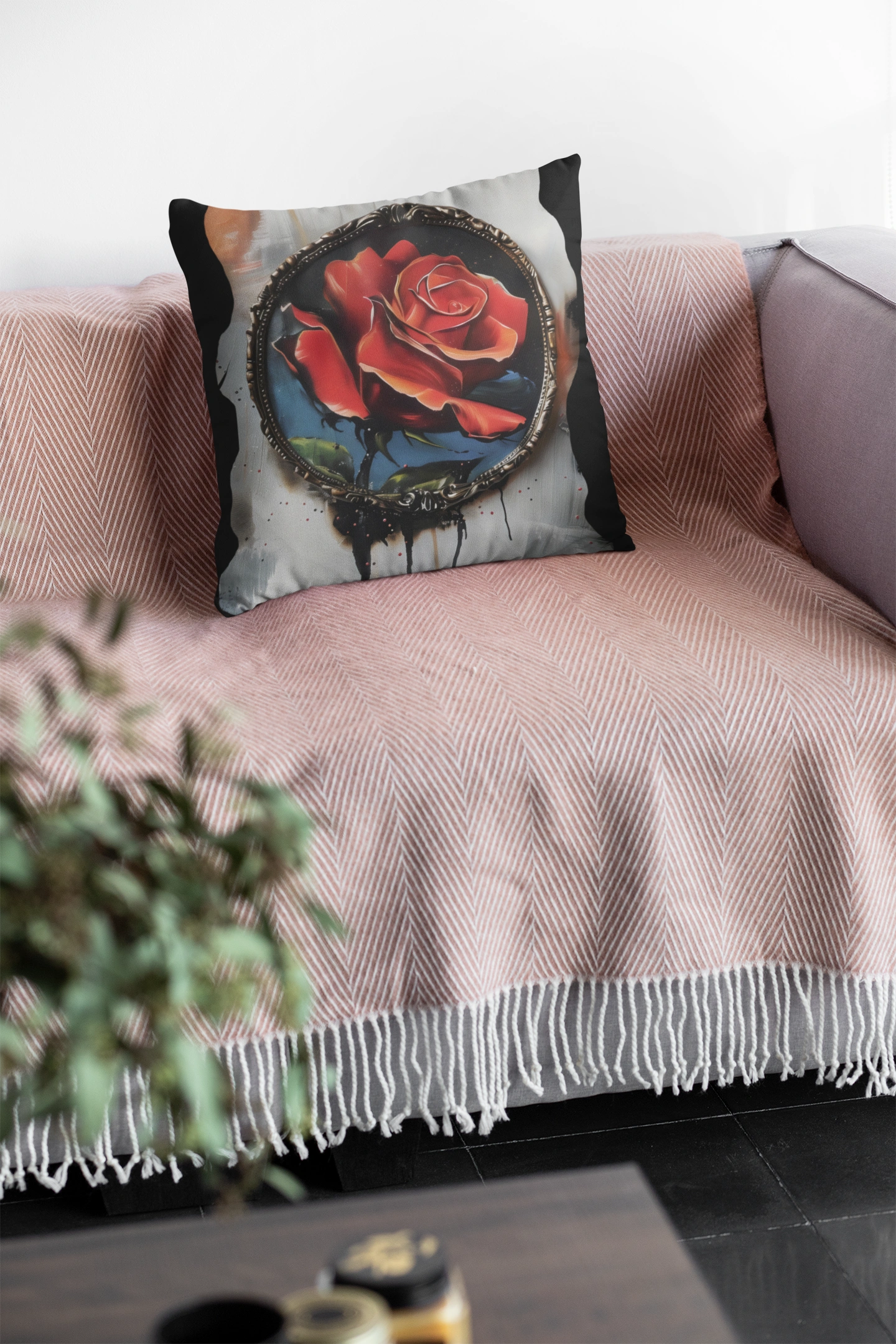 Mini square decorative pillow featuring a red rose design with a black background. Perfect for adding a dramatic yet elegant accent to couches, beds, or lounge chairs. A stylish rose print cushion for gothic chic interiors, romantic bedrooms, or cozy cottagecore-inspired spaces.