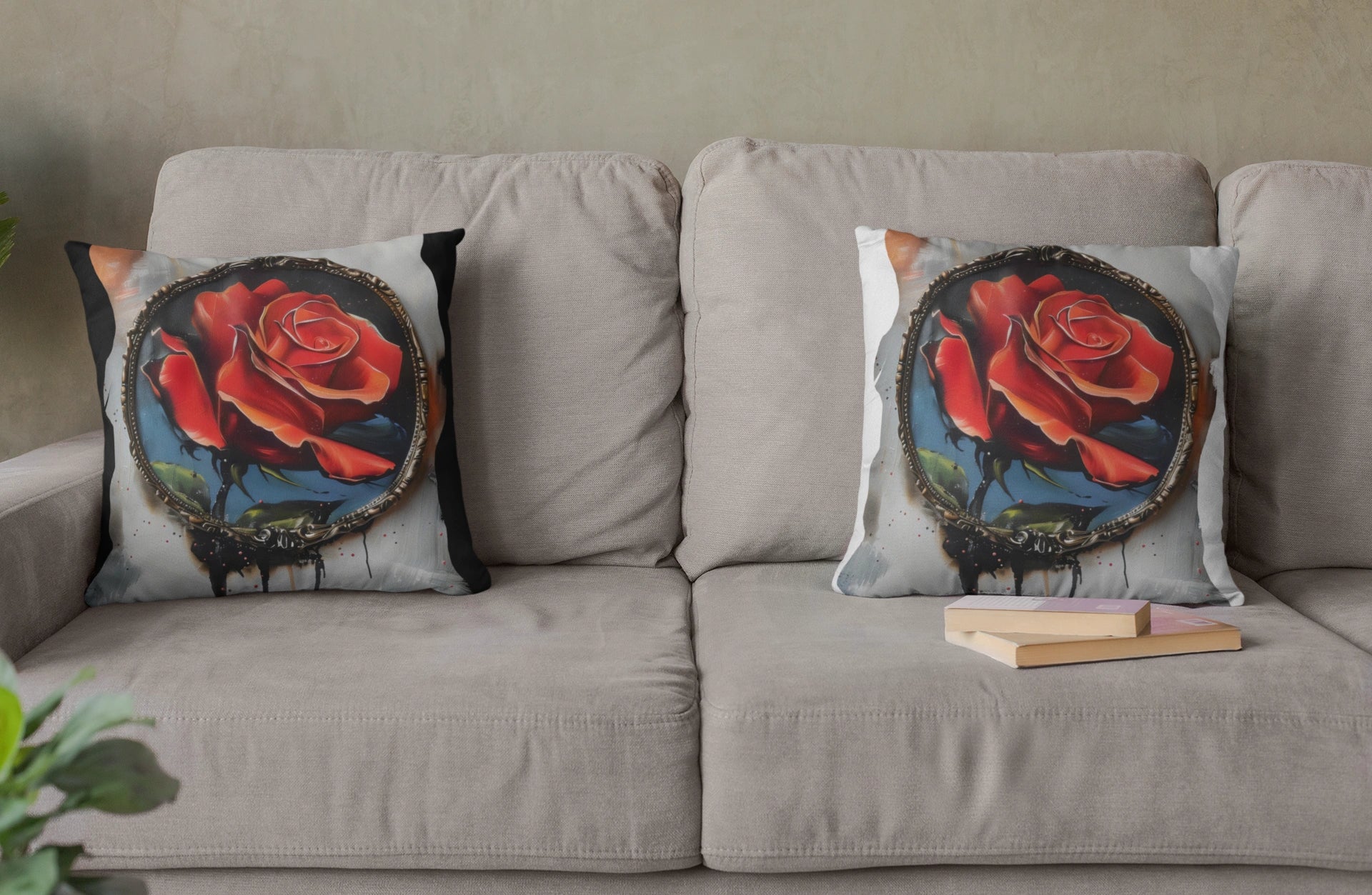 Red rose throw pillow on a black background – elegant square cushion for sofa, bed, or accent chair. This decorative floral pillow adds a romantic and moody touch to any living space, perfect for gothic chic, cottage core, or modern minimalist décor styles. A unique home accessory and thoughtful gift idea.