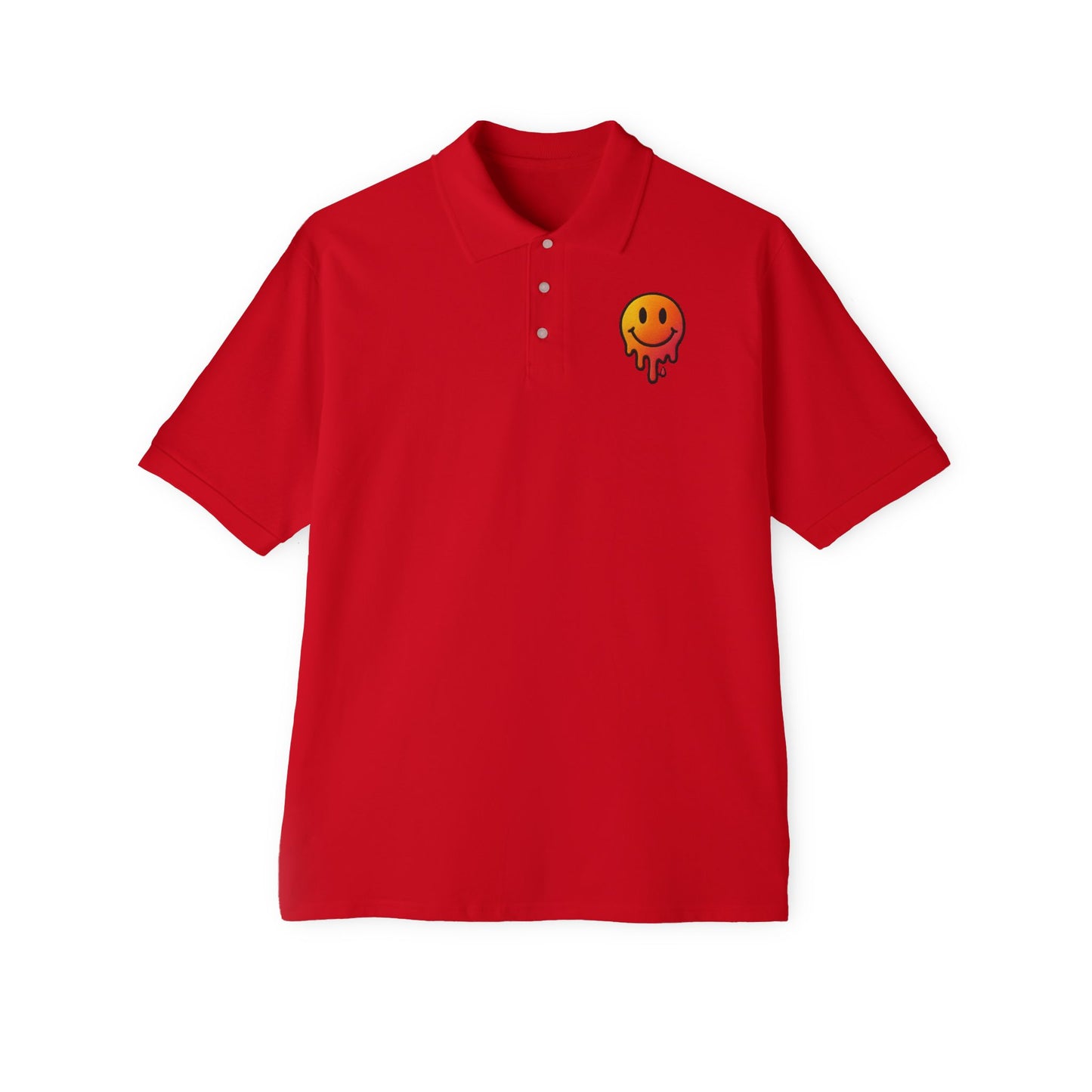 red graphic polo with smiley face