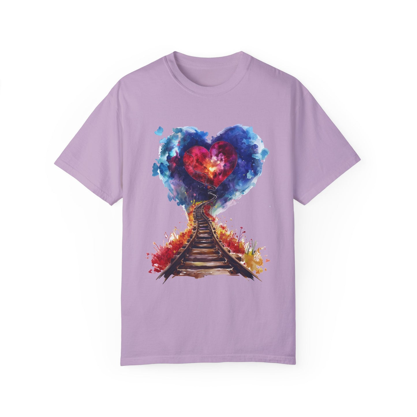 Unisex Garment-Dyed T-shirt - Journey of Heart - Train Tracks Coming out from Heart