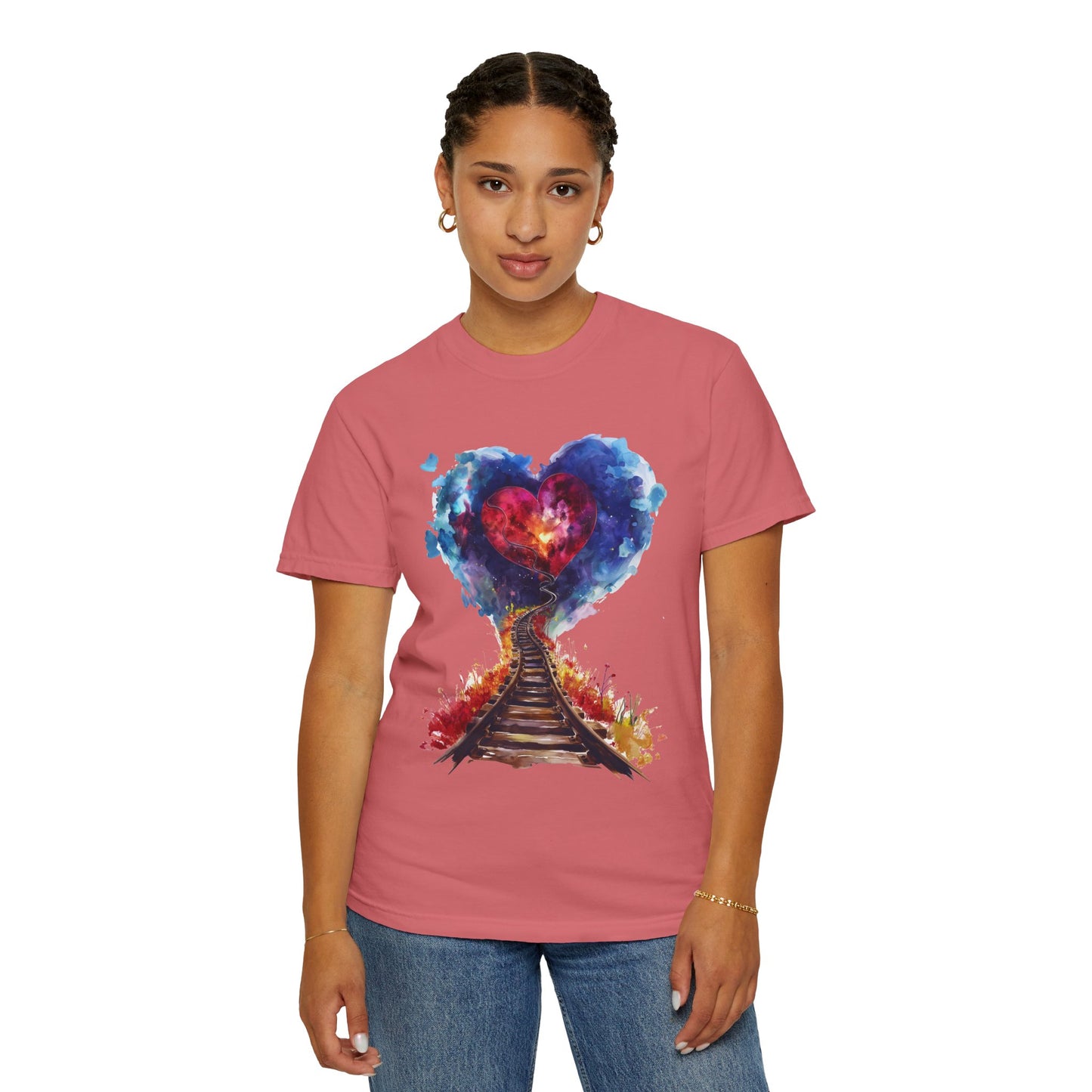 Unisex Garment-Dyed T-shirt - Journey of Heart - Train Tracks Coming out from Heart