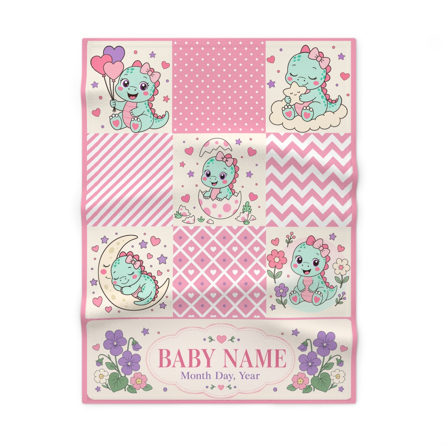 Personalized Dinosaur Baby Blanket Name Date Birth Flower