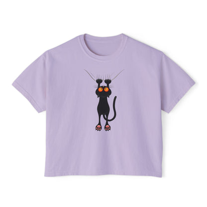 Cute Cat Graphic Women's Boxy Tee, Casual Tee for Cat Lovers, Birthday Gift, Soft Cotton Top, Fun Everyday Wear
