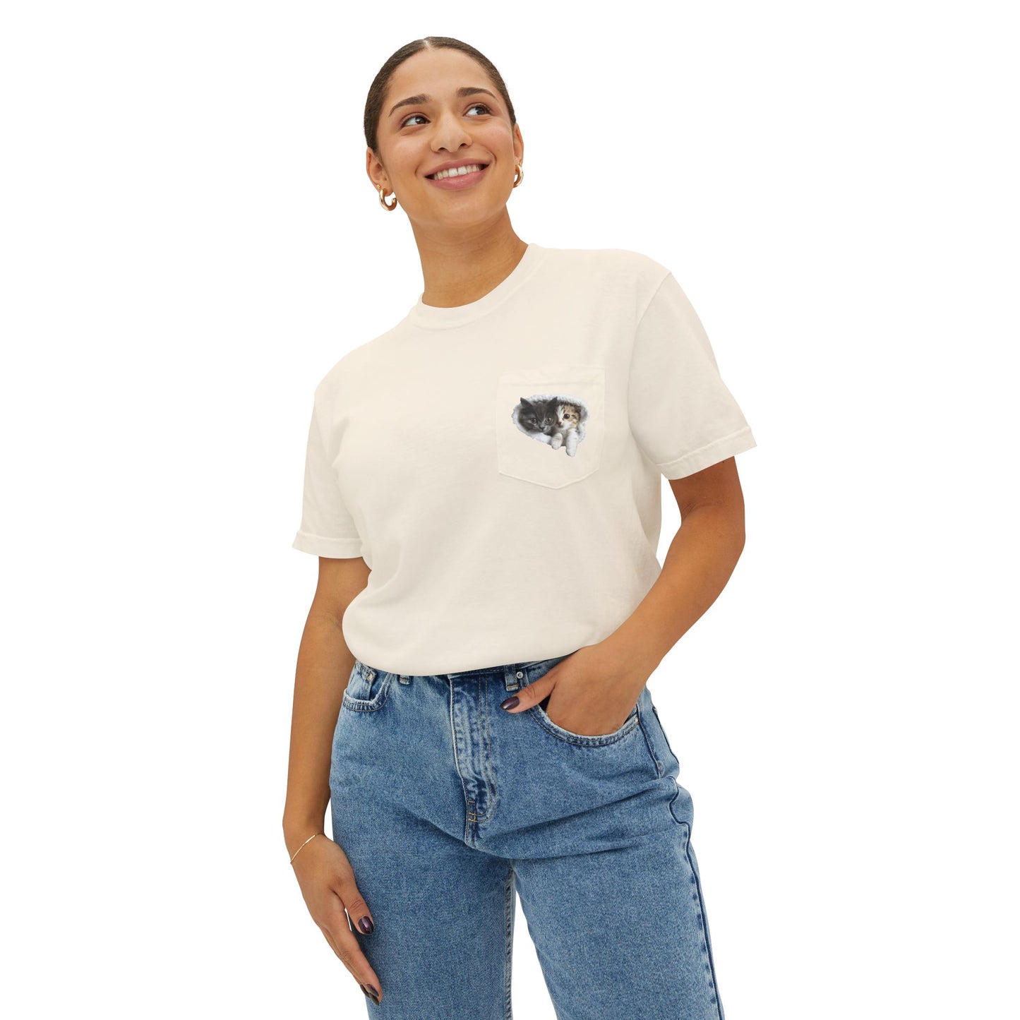 Garment-Dyed Pocket T-Shirt with Adorable Cat Design, Casual Wear, Gift for Cat Lovers, Summer Fashion, Everyday Essentials