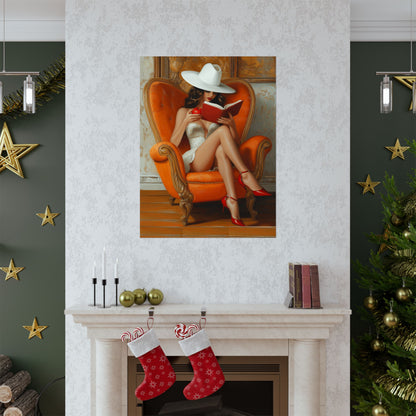 Matte Vertical Poster - Elegant Woman Reading Book and Holding Red Apple on Luxurious Sofa Design Poster